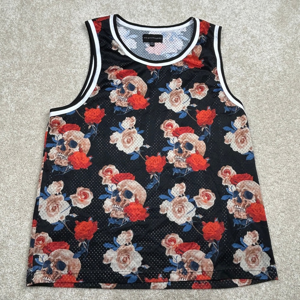 No Boundaries Mesh Jersey Tank Top Mens XL Black Skull Roses Gothic